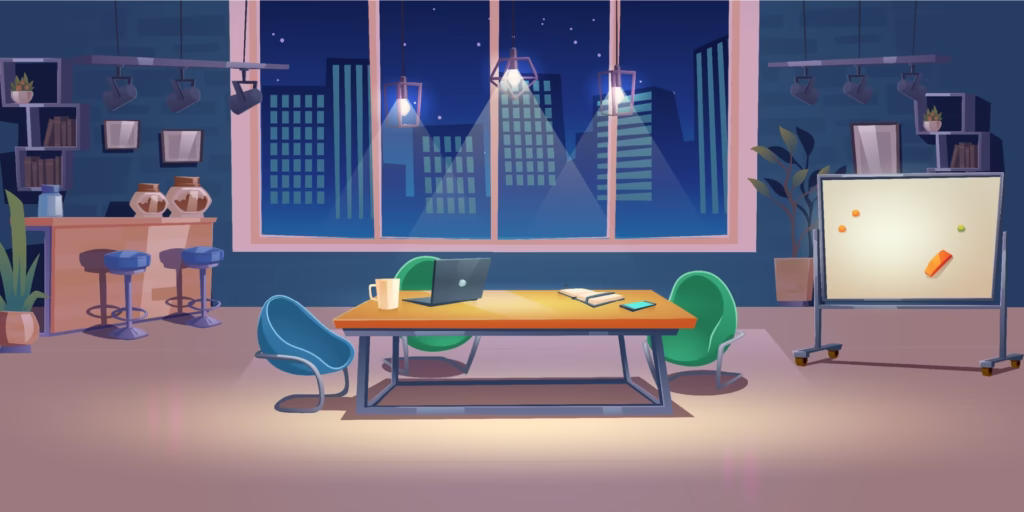 تصویرسازی کارتونی فضای کار اشتراکی در شب، نماد انعطاف‌پذیری و کارآیی