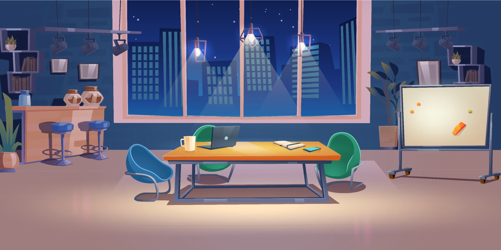 تصویرسازی کارتونی فضای کار اشتراکی در شب، نماد انعطاف‌پذیری و کارآیی
